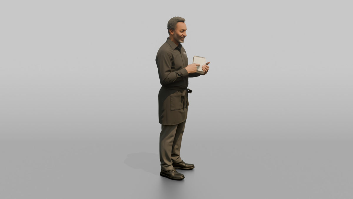 Server Man Holding A Small Notepad, Pointing At It - 3D character model, view 2