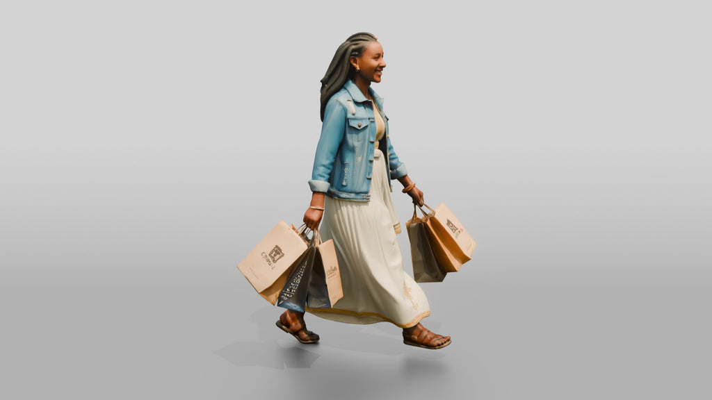 Slender African Woman in Denim Jacket Carrying Shopping Bags