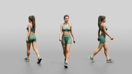 Woman with Ponytail in Green Activewear Walking - 3D character model