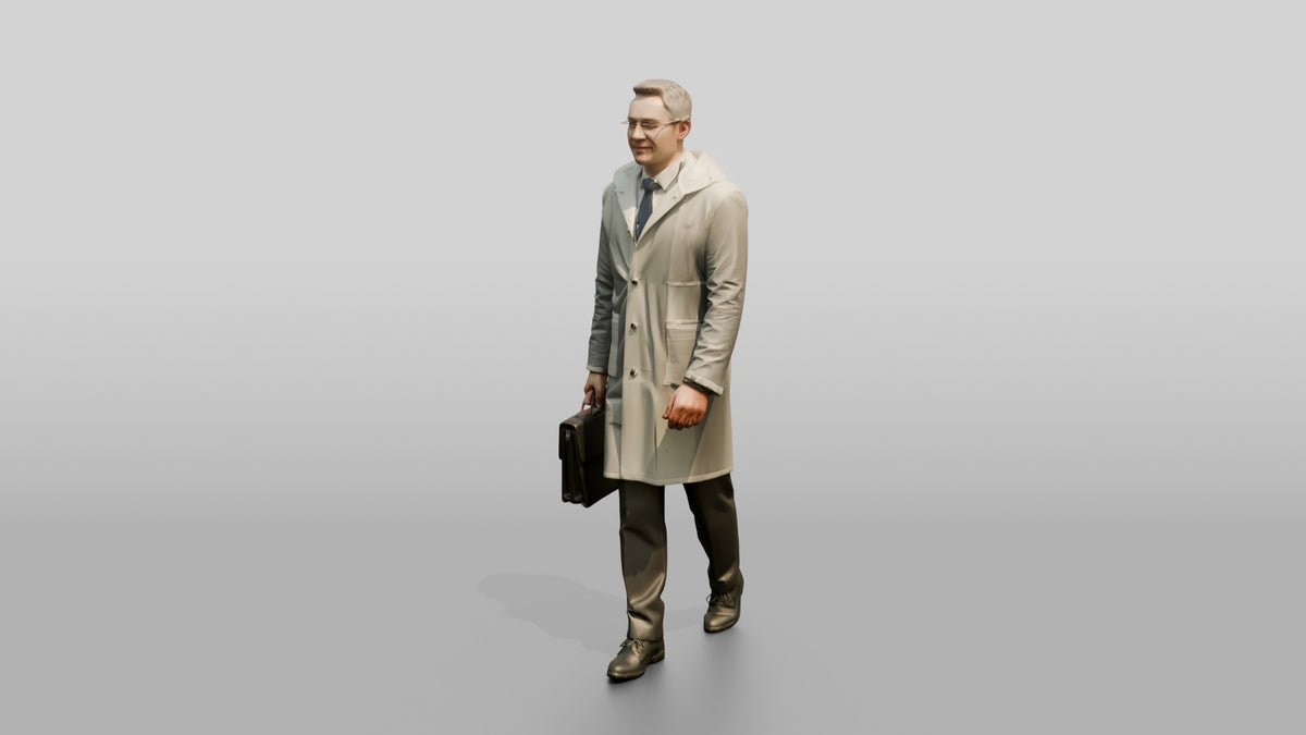 White Man in Suit Under Transparent Raincoat - 3D character model, view 4