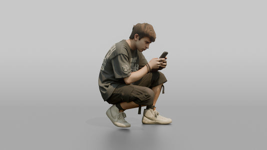 Teenage Boy Crouching to Look at His Phone - 3D character model, view 1