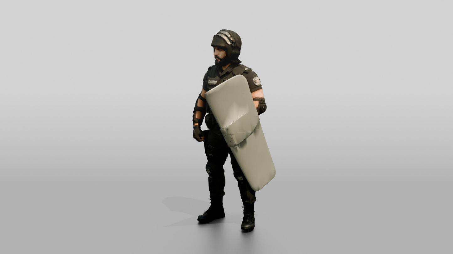 Riot Police Officer Standing with Shield