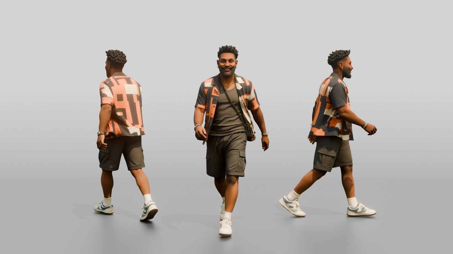 African-American Man Walking Dynamically in Patterned Shirt