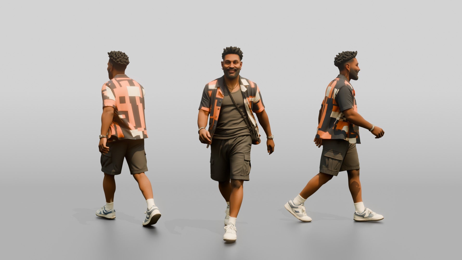 African-American Man Walking Dynamically in Patterned Shirt