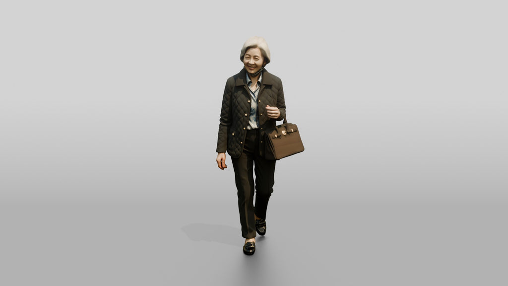 Elderly Asian Woman in Quilted Jacket with Luxury Handbag