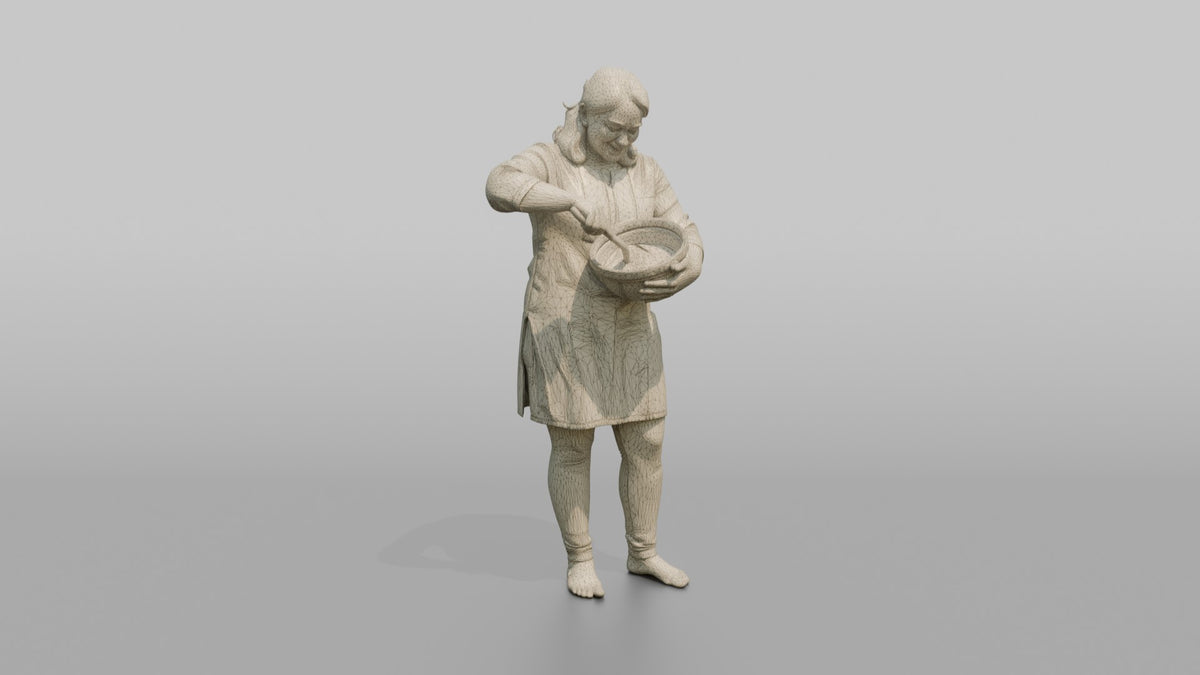 Mother Holding A Mixing Bowl And A Wooden Spoon, Stirring - wireframe topology preview