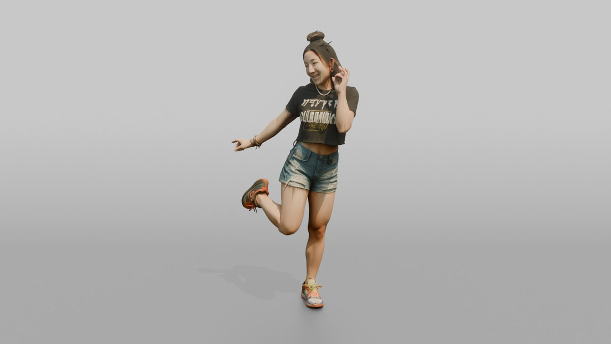 Patron Woman Striking A Playful Pose In Mismatched Colorful Sneakers - 3D character model, view 4