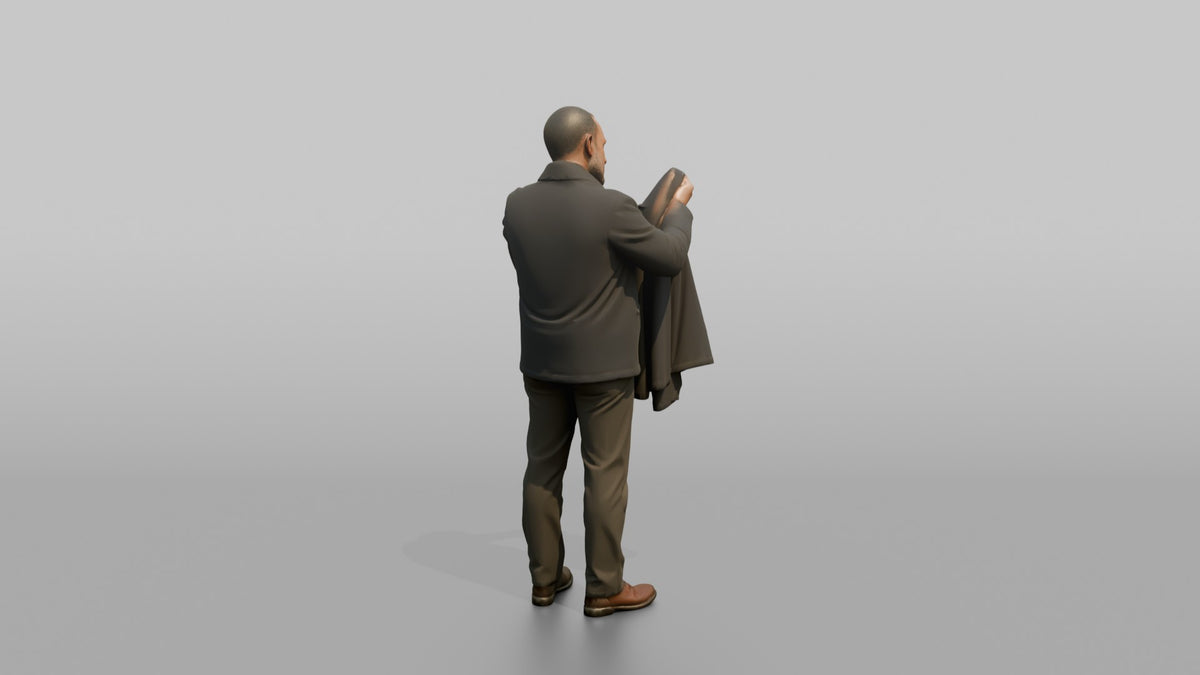 Man Customer Inspecting The Stitching On A Jacket Sleeve - 3D character model, view 3