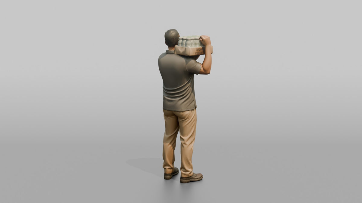 Father Carrying A Case Of Bottled Water On One Shoulder - 3D character model, view 3