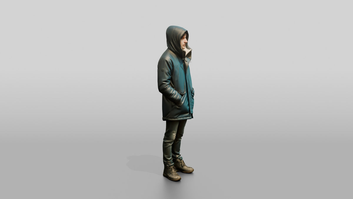 White Man Sheltering in Blue Parka - 3D character model, view 2