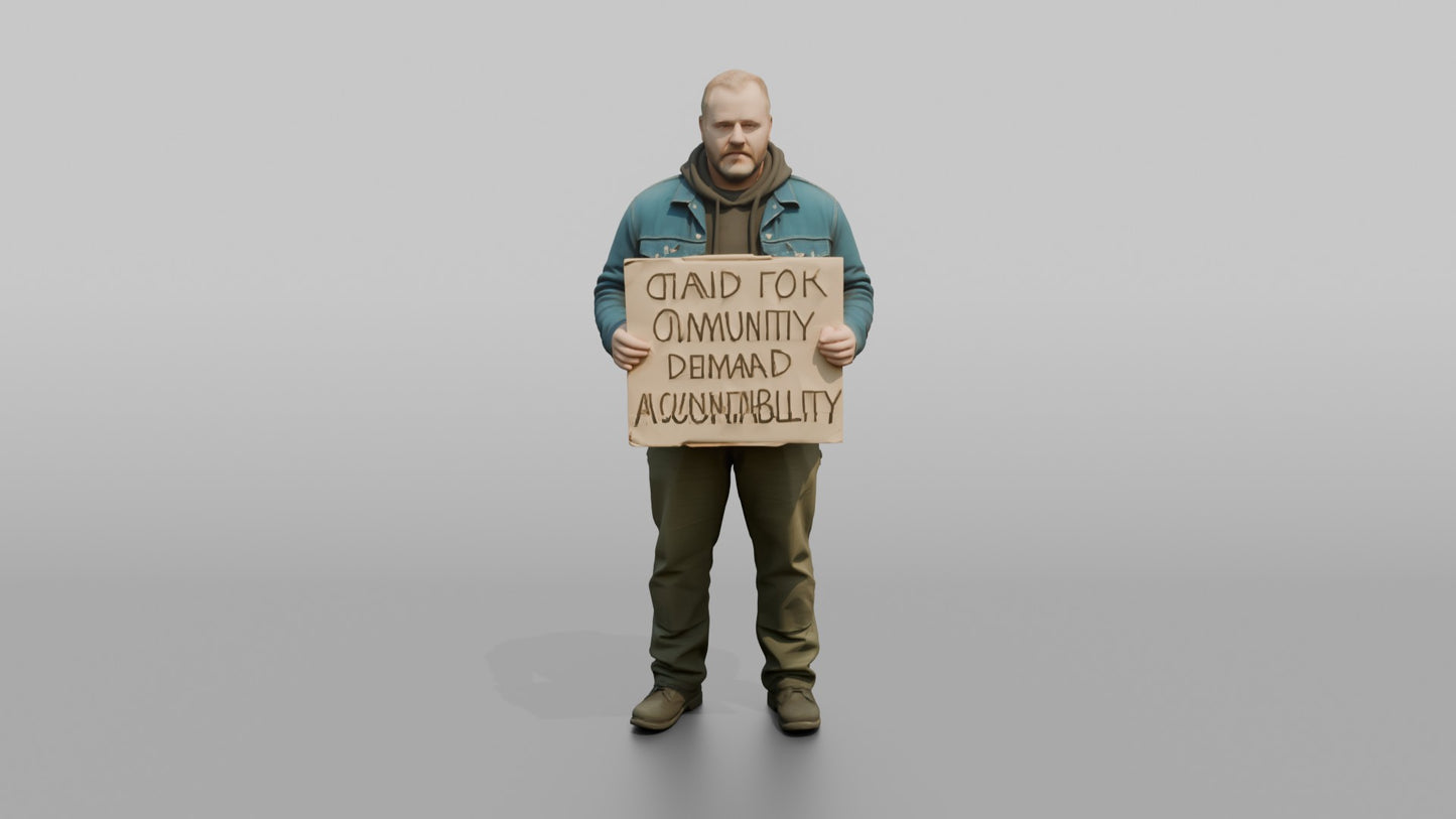 Protester Man Holding a Cardboard Protest Sign
