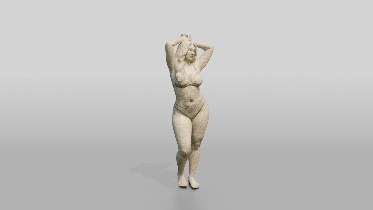 Curvy Woman in Olive Two-Piece Swimsuit Adjusting Her Hair