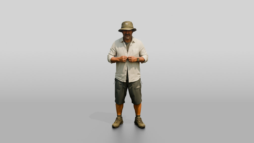 Man Fixing Button on Linen Shirt