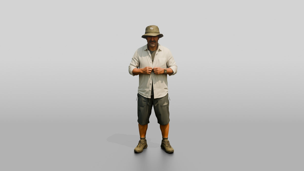 Man Fixing Button on Linen Shirt - 3D character model, view 5
