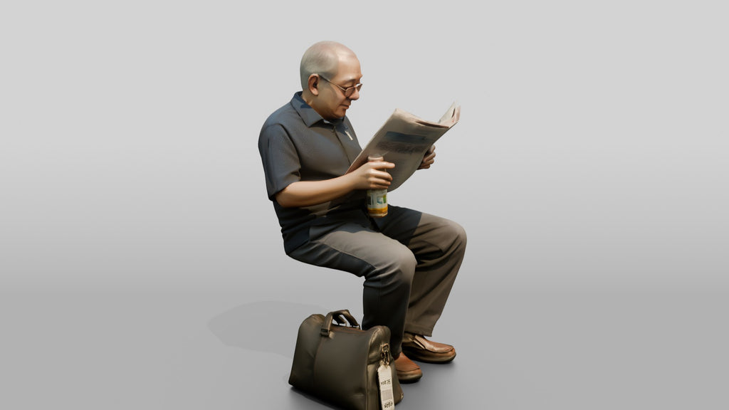 Elderly Asian Man Seated Reading Newspaper with Travel Bag