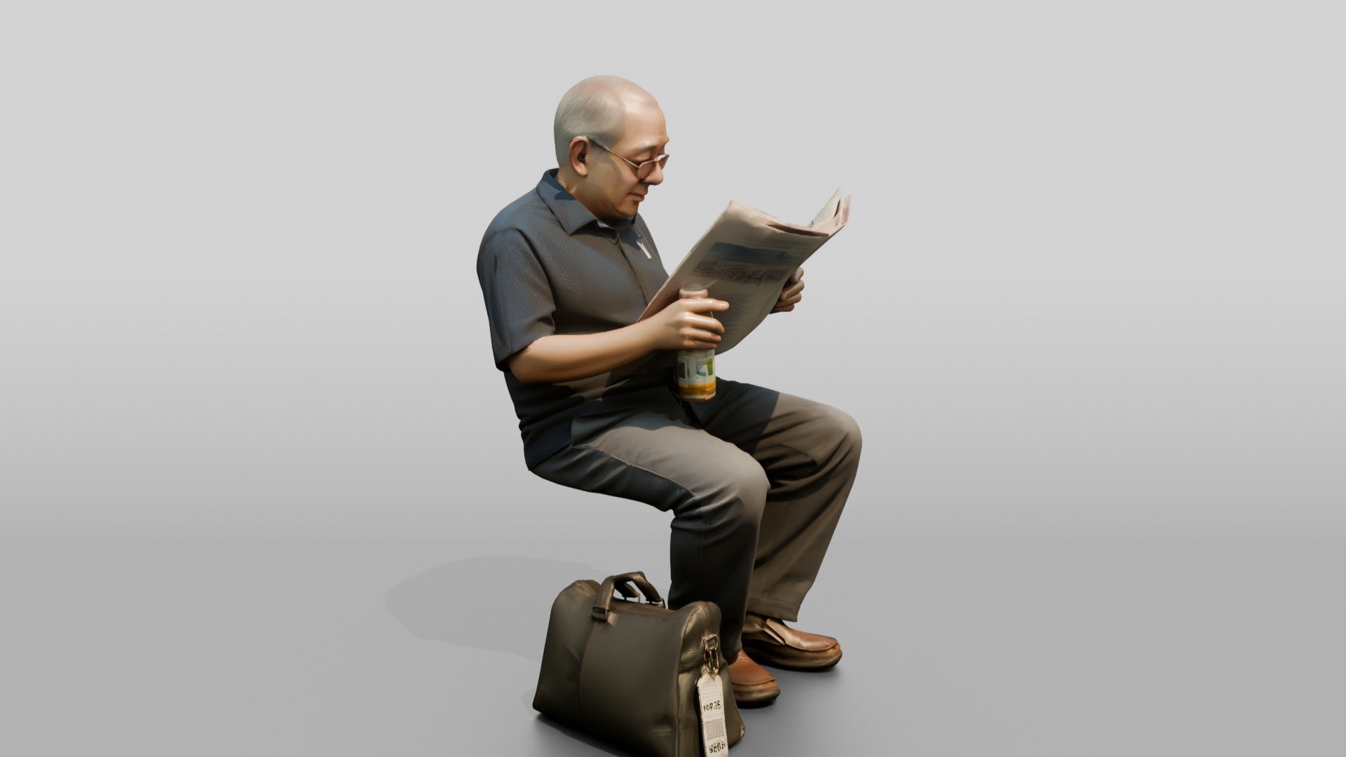 Elderly Asian Man Seated Reading Newspaper with Travel Bag