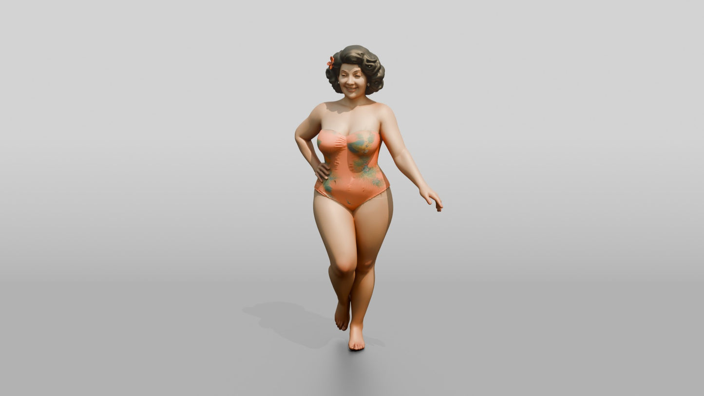 Curvy Woman in Coral One-Piece Swimsuit Playful Pose
