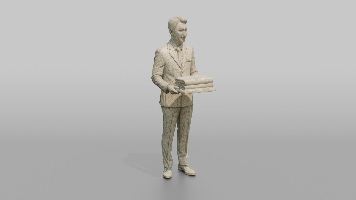 Bellhop Woman Carrying A Tray With Folded Towels - wireframe topology preview