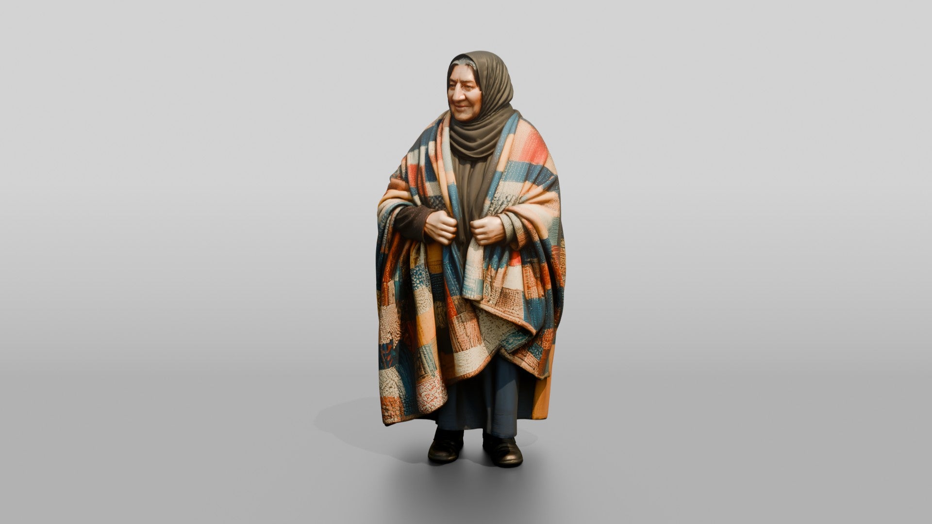 Homeless Woman Draped in a Patchwork Quilt