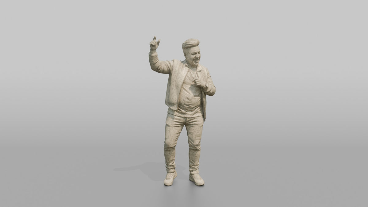 Patron Man Wearing A Vibrant Patterned Bomber Jacket, Hyped Pose - wireframe topology preview