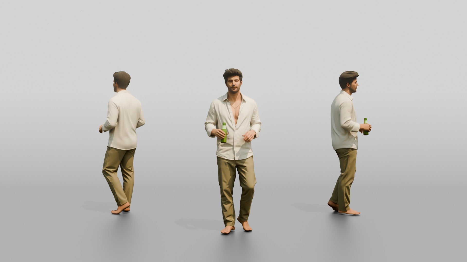 Man Holding a Bottle in White Linen