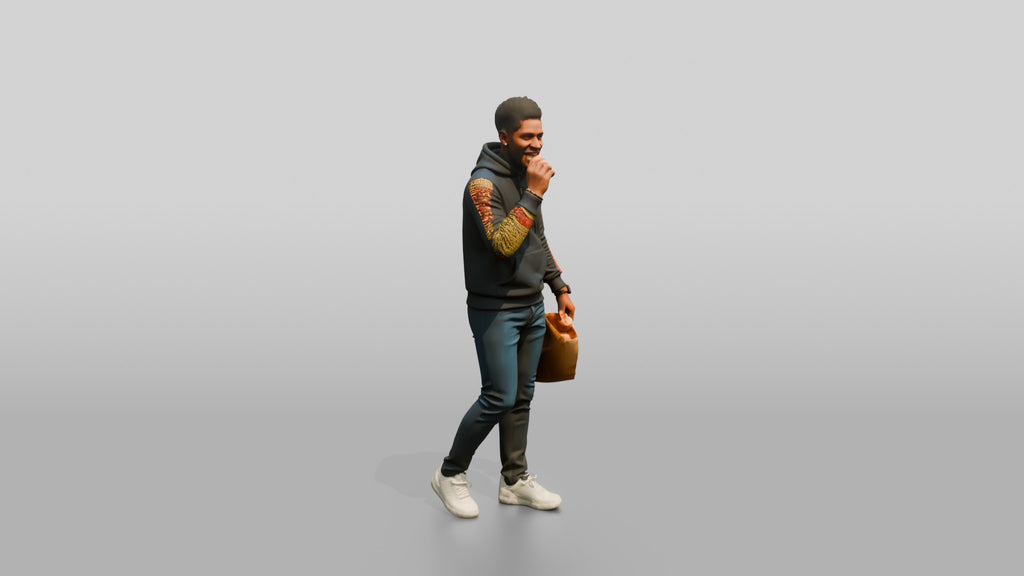 African Man in Print-Sleeve Hoodie Eating a Pastry