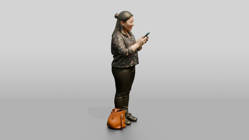 Chinese Woman Checking Phone with Shopping Bags