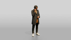 Stylish African Man in a Trench Coat on His Phone - 3D character model, view 1