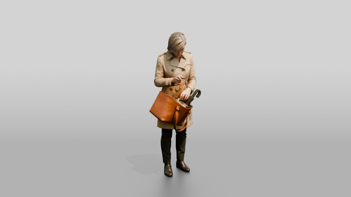 White Woman Checking Her Bag for an Umbrella