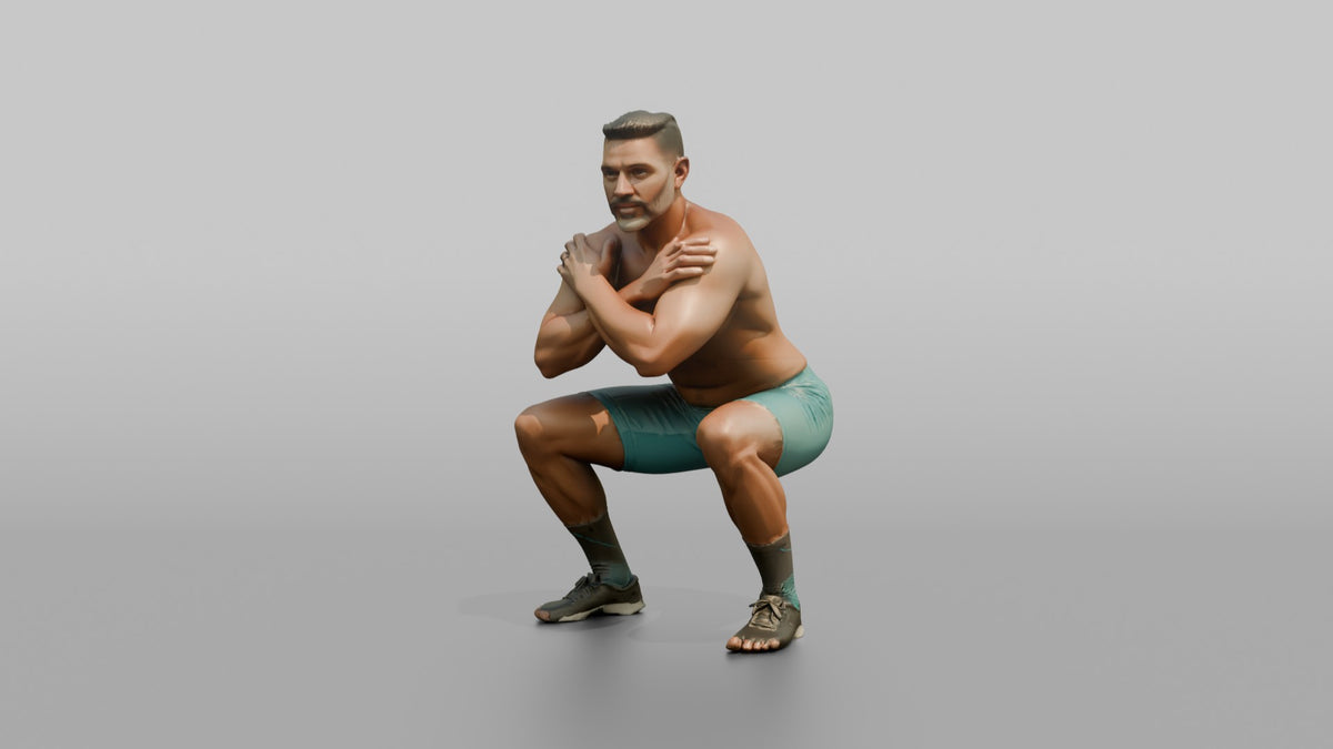 Bodyweight Athlete Man Holding A Deep Squat Position, Arms Crossed - 3D character model, view 4