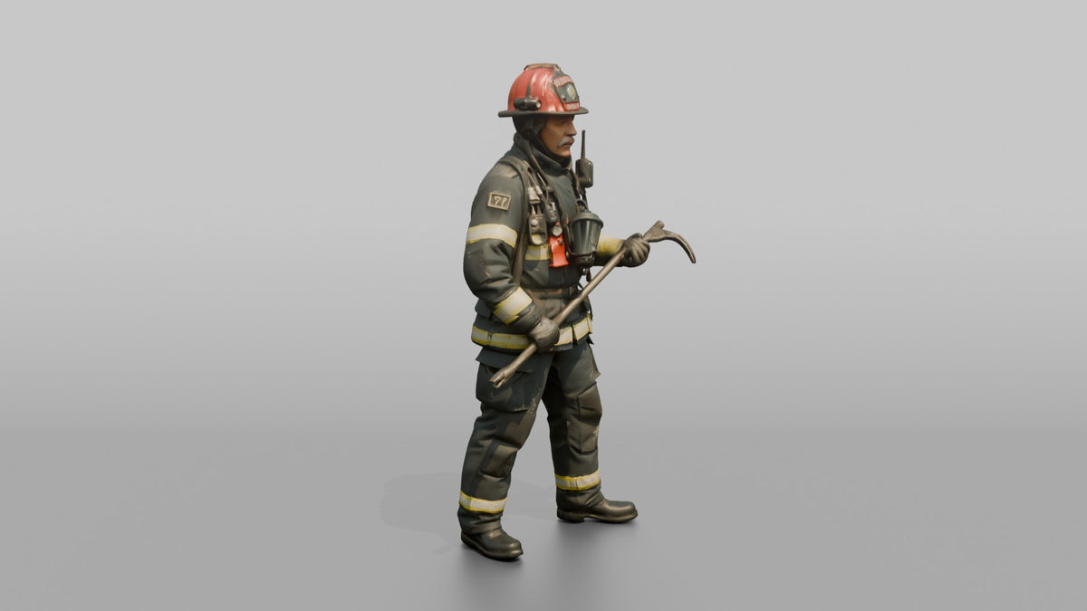 Firefighter Man Wielding a Halligan Entry Tool - 3D character model, view 2