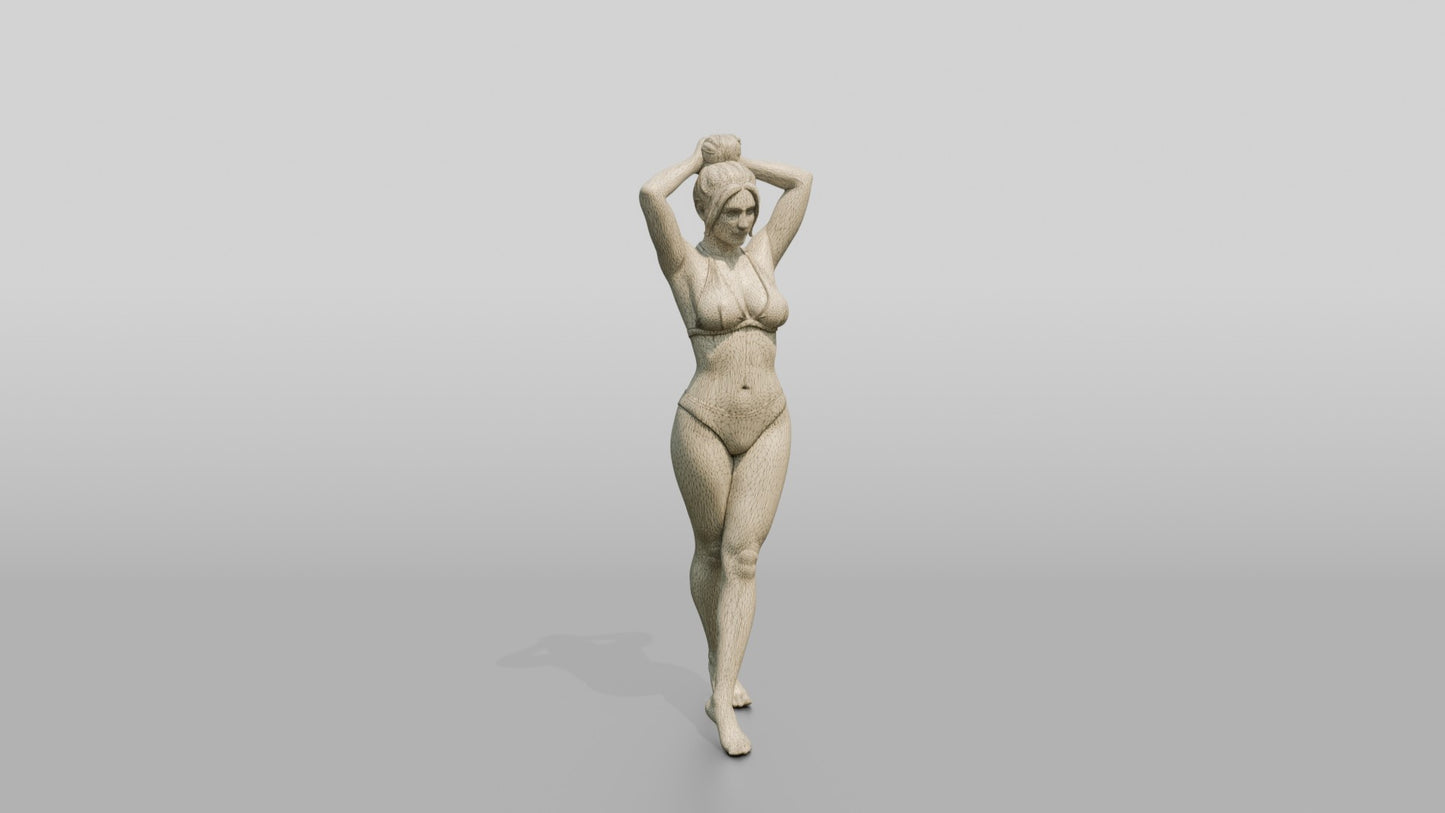 Curvy Woman in Yellow Two-Piece Swimsuit Arms Raised