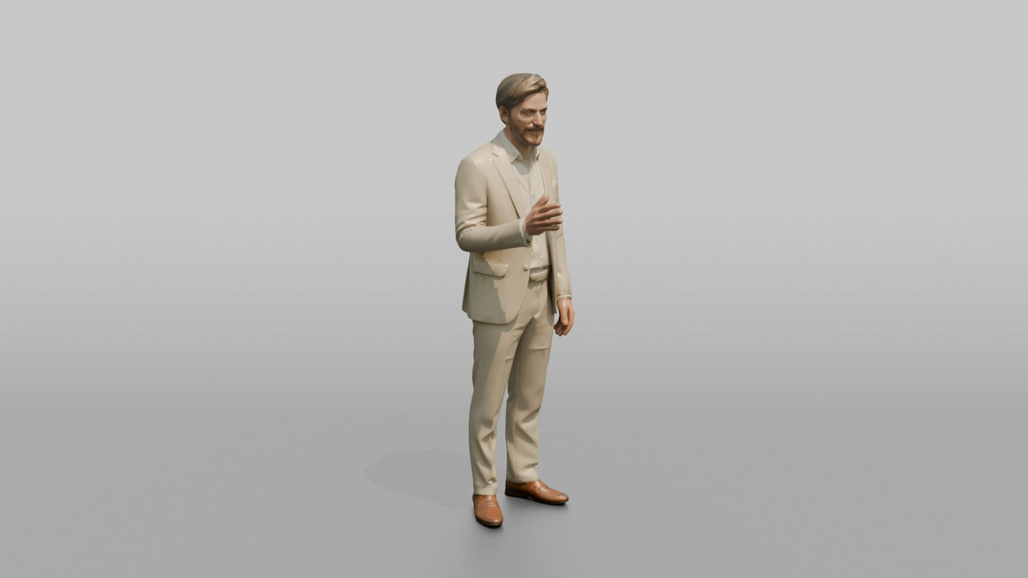 European Man in a Linen Suit, Gesturing Mid-Conversation