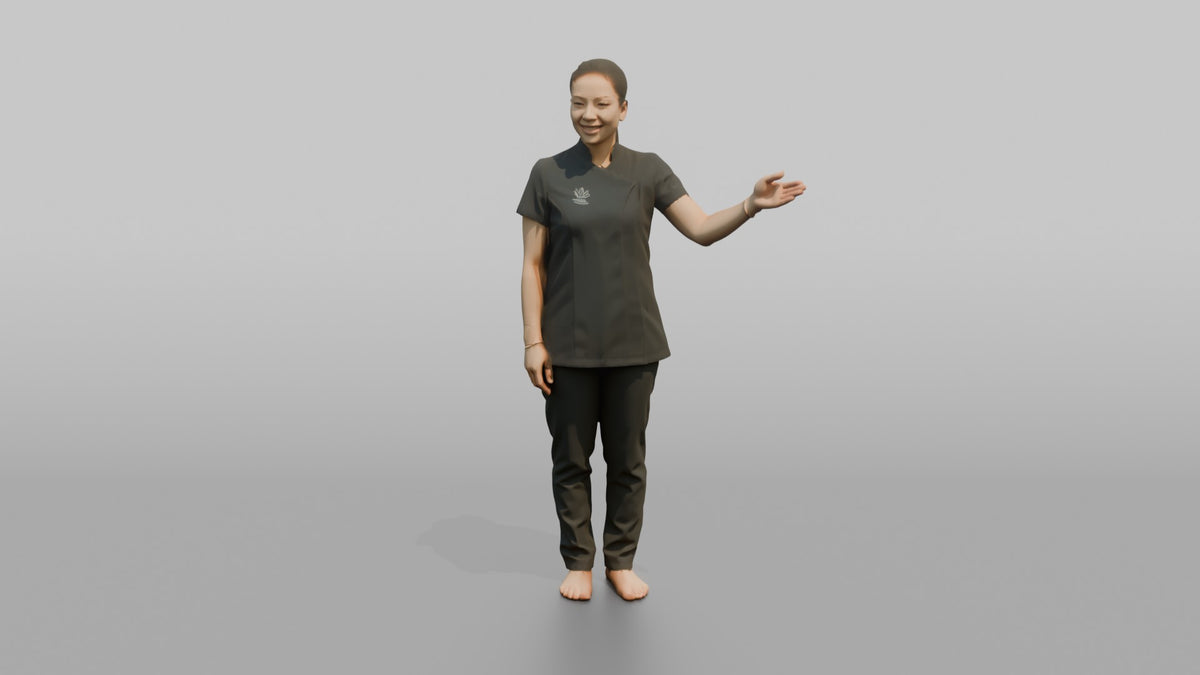 Massage Therapist Woman Gesturing Toward A Treatment Room Door - 3D character model, view 4