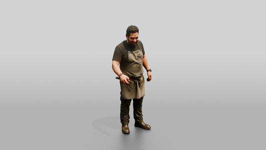 Grill Cook Turning Steaks - 3D character model, view 1