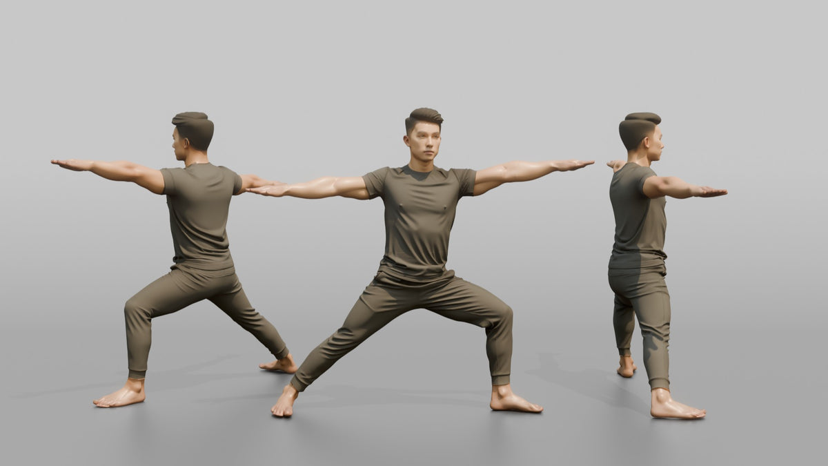 Fitness Influencer Man Holding A Warrior-pose Stretch - 3D character model, view 1
