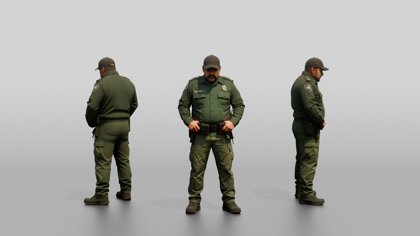 Stocky Latino Male Guard in a Dark Green Uniform