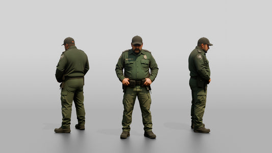 Stocky Latino Male Guard in a Dark Green Uniform