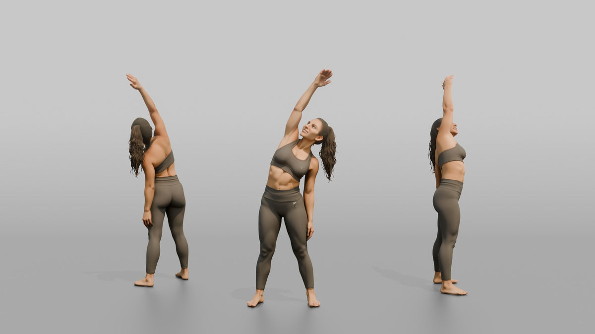 Fitness Influencer Woman Doing A Standing Side Stretch, One Arm Overhead - 3D character model, view 1