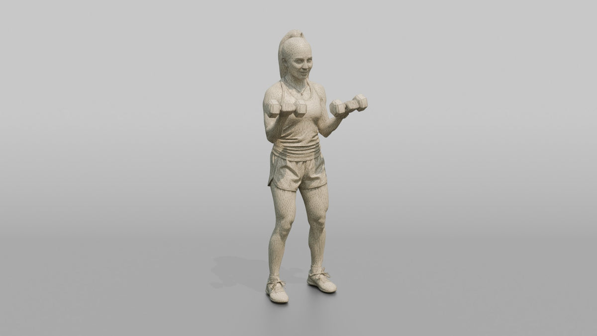Weightlifter Woman Curling A Pair Of Dumbbells Simultaneously - wireframe topology preview