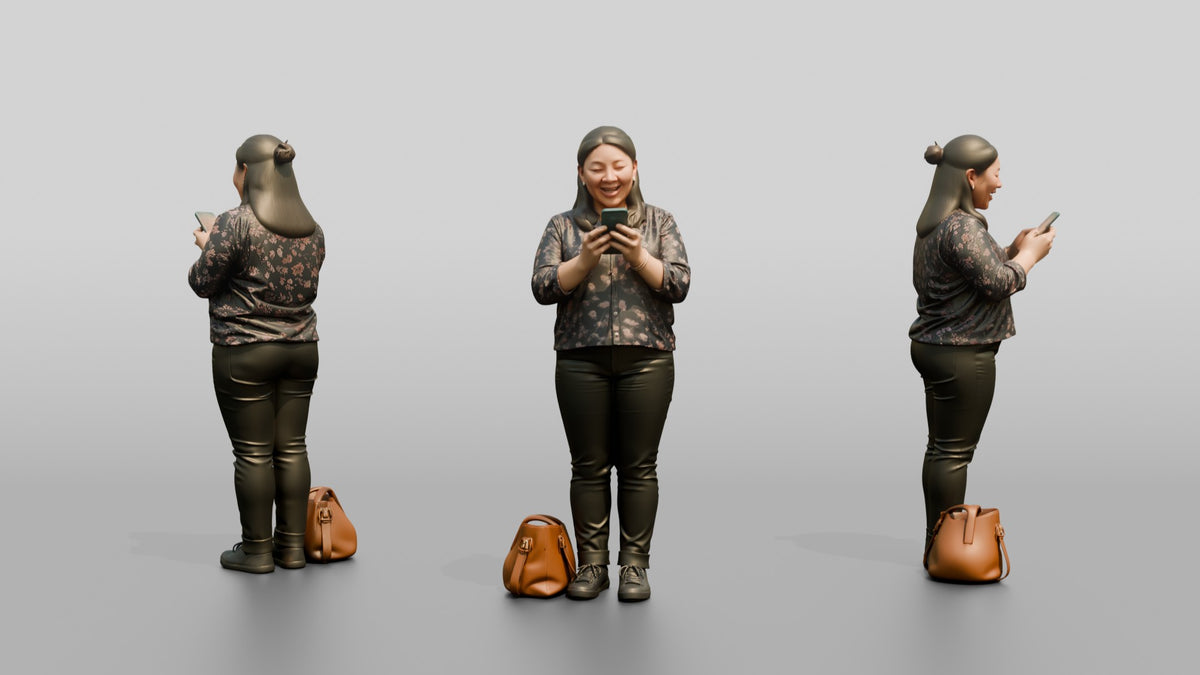 Chinese Woman Checking Phone with Shopping Bags - 3D character model