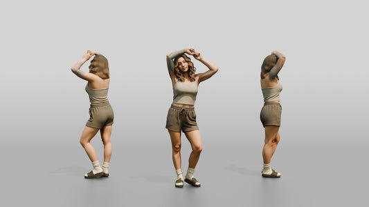 Woman Running Hands Through Wavy Hair in Cream Outfit
