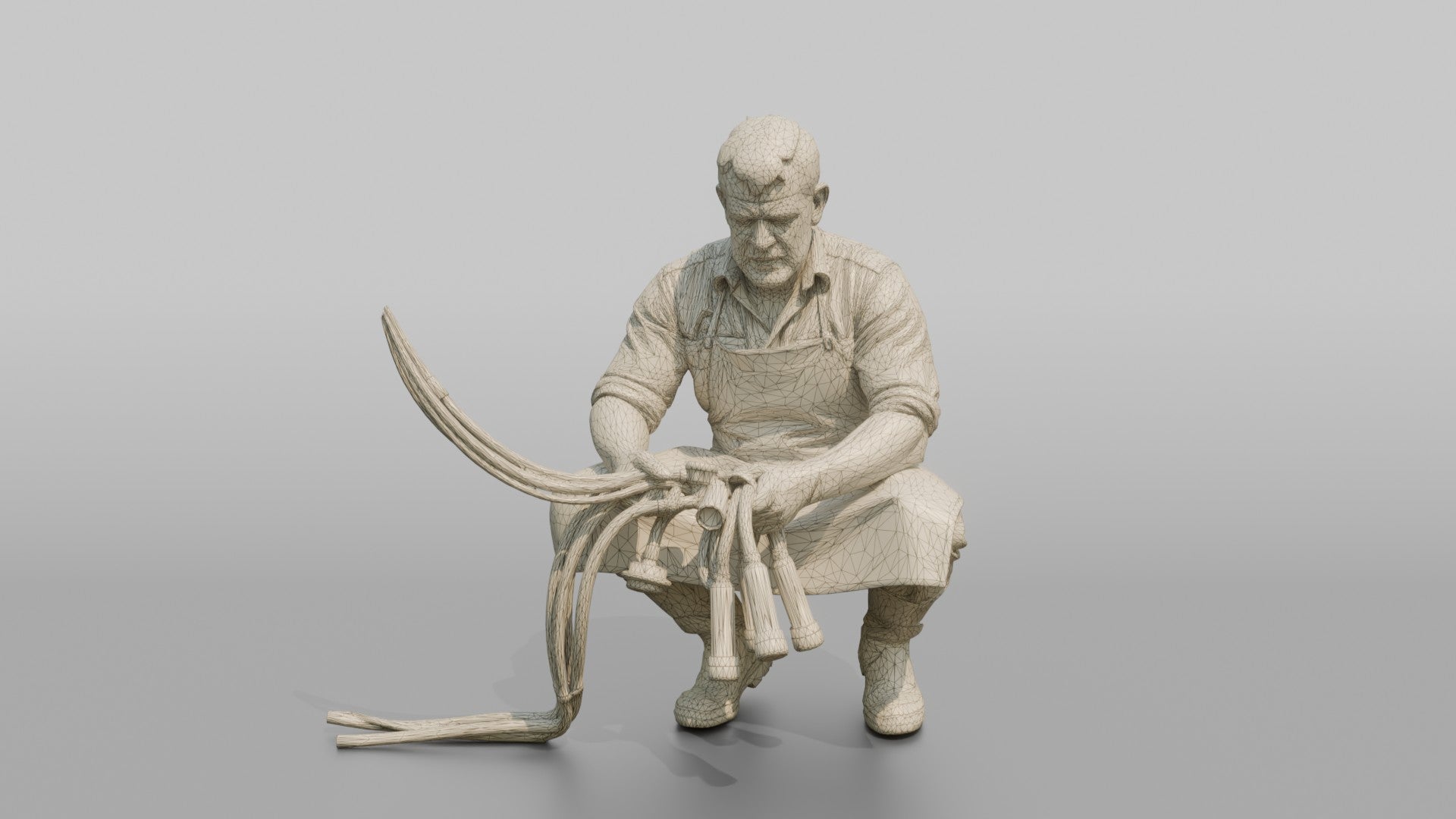 Farmer Crouching Down Holding Automated Milking Apparatus Equipment