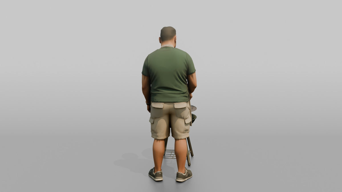 Father Flipping A Burger With A Spatula Over A Grill - 3D character model, view 3