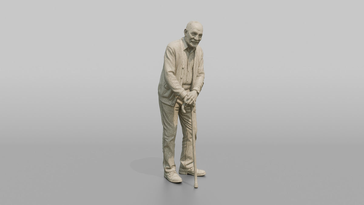 Grandfather Leaning On A Wooden Cane With Both Hands - wireframe topology preview