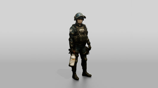 Riot Police Officer Bracing Shield - 3D character model, view 1