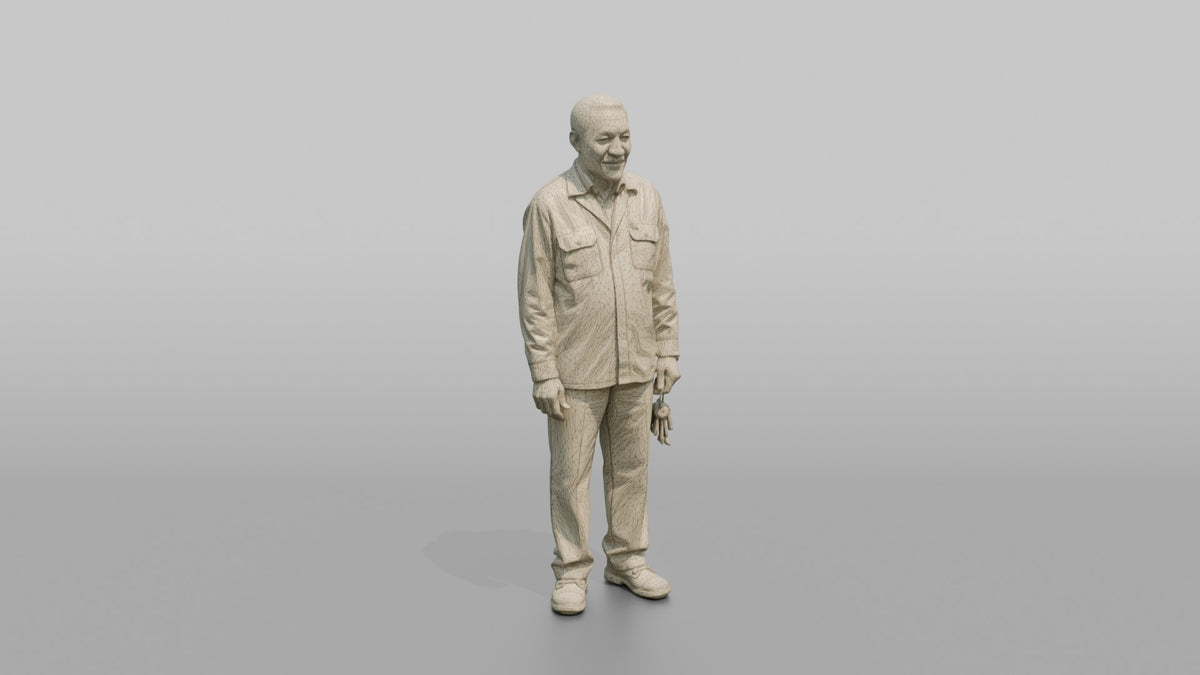 Man Store Owner Holding A Set Of Keys - wireframe topology preview
