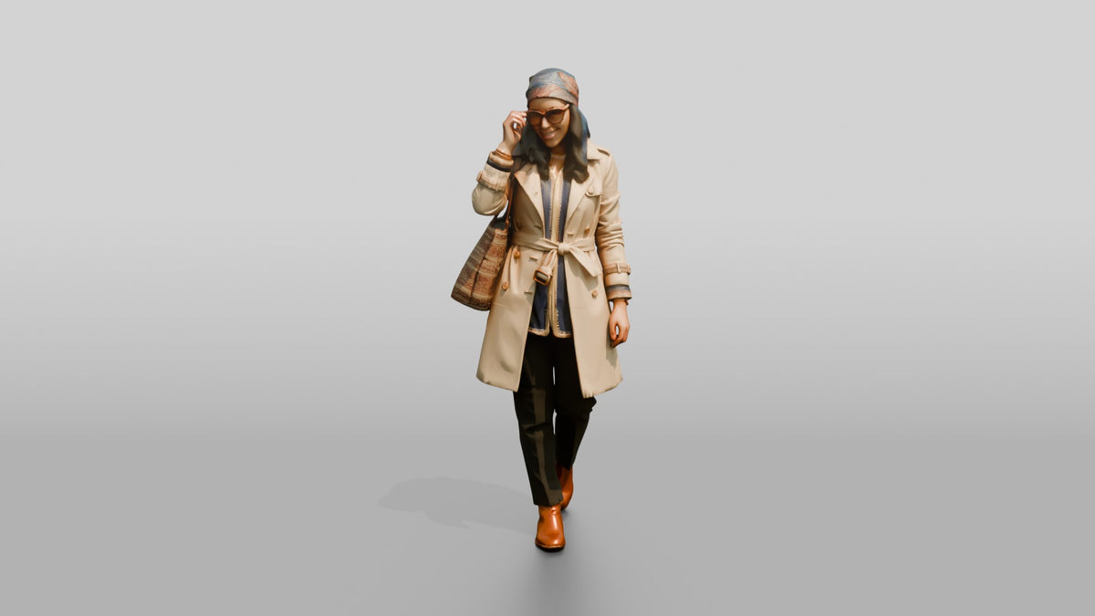 Woman in Headscarf and Trench Coat with Sunglasses - 3D character model, view 5