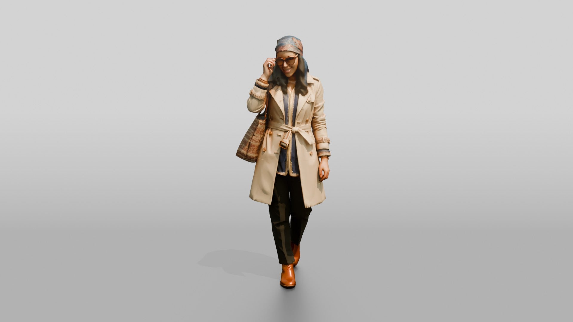 Woman in Headscarf and Trench Coat with Sunglasses