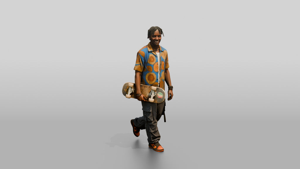 Athletic African Man Holding a Skateboard in a Print Shirt
